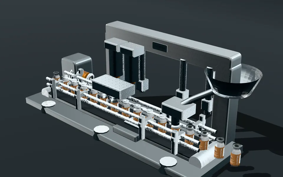 Filling and stoppering line, with an indexing track of vials, the fill head above the track and the stoppering head beyond it.